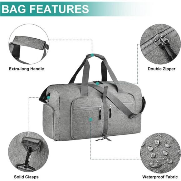 65L Travel Duffel Bag Foldable Waterproof Luggage Bag with Shoes Compartment Gra - Picture 5 of 7